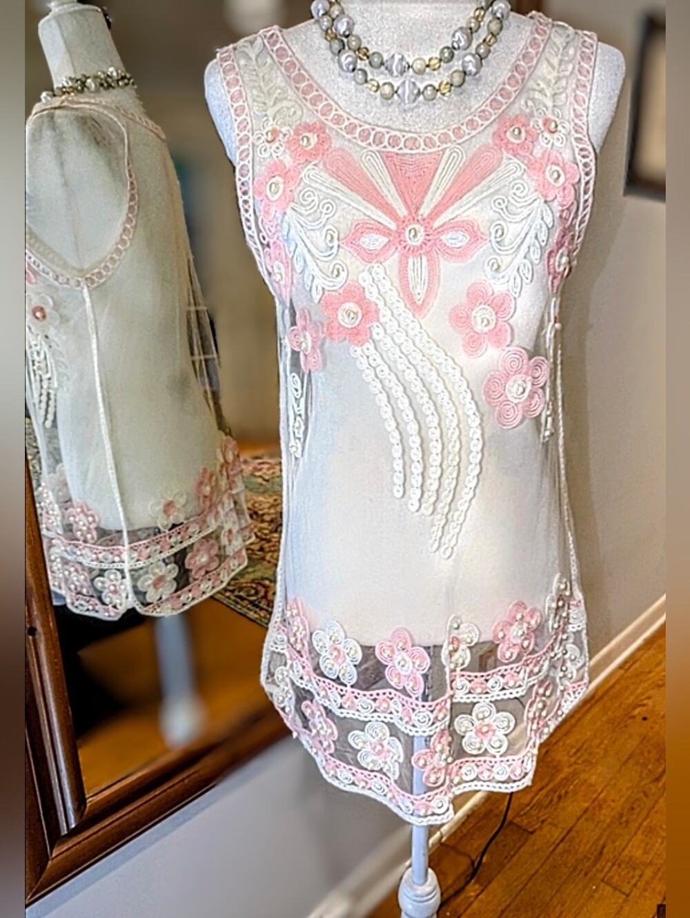 Sheer Embroidered Floral Tank with Pink Appliqué